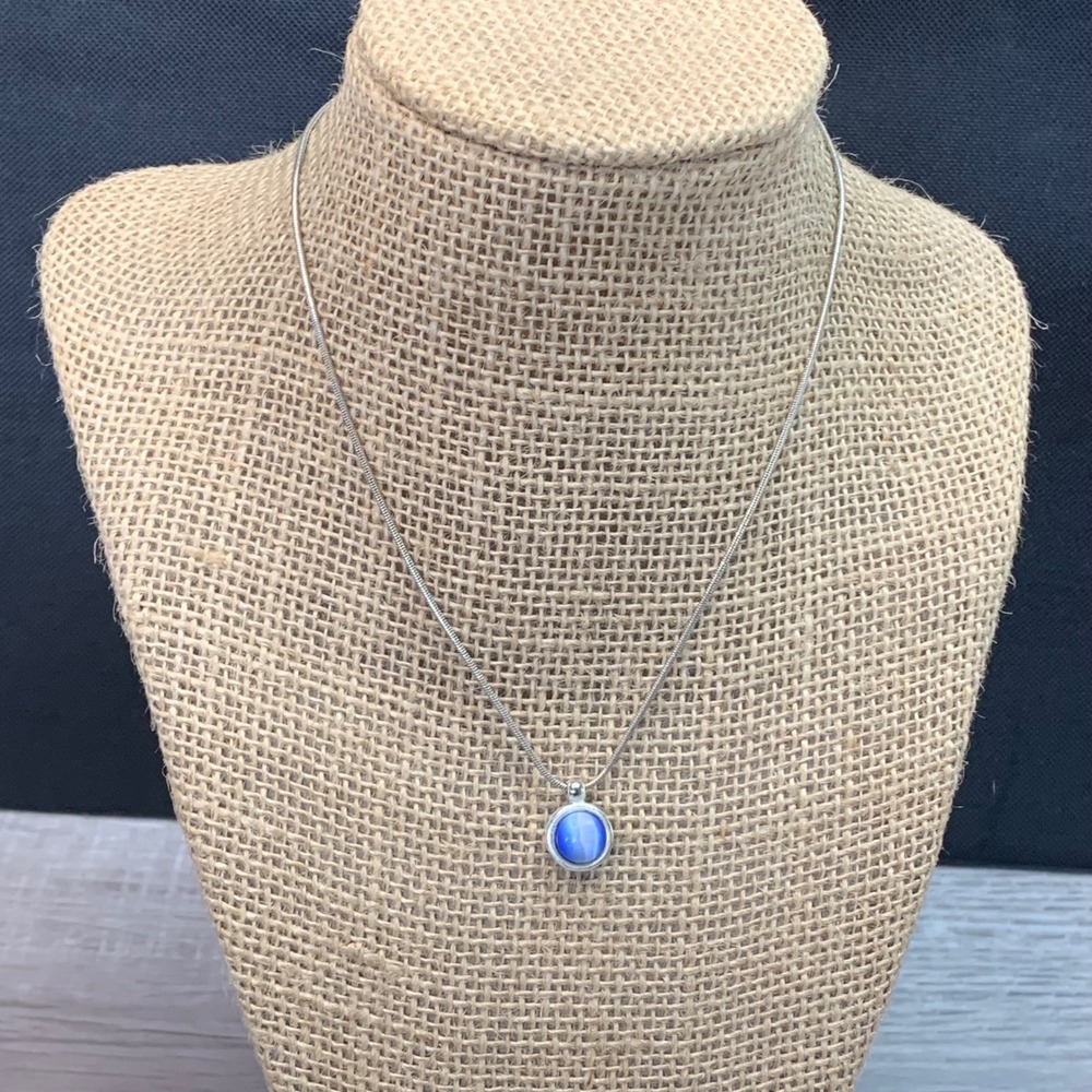Silver Tone Blue Cats Eye Pendant Snake Chain Necklace 16 Inch 5476